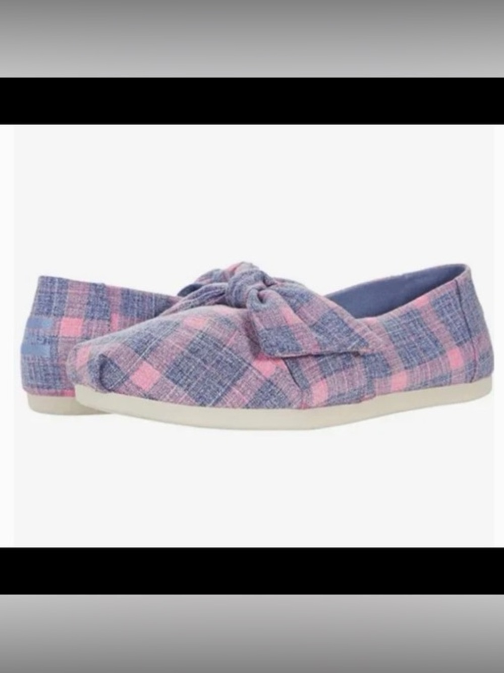 TOMS Alpargata slip-on shoes bow detail pink and blue plaid women’s size 9